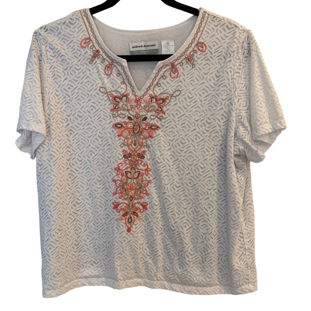 Alfred Dunner White Burnout Embroidered Blouse Coral Beaded Boho Top Petite XL